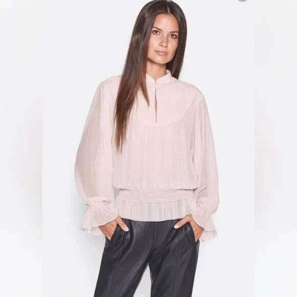 Joie Mumbi Pleated Blush Pink Long Bell Sleeve Ruched Blouse Size Small - Picture 1 of 12
